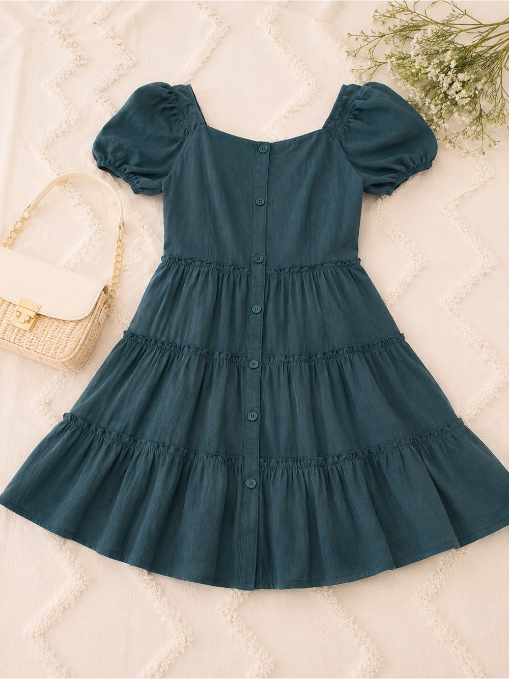Juniors Teal Puff-Sleeve Tiered Button-Front Dress
